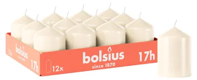 Immagine prodotto di Candele cilindriche Bolsius, colore avorio, confezione da 12 pezzi, dimensioni 8 x 6 cm, ideali per la decorazione della casa