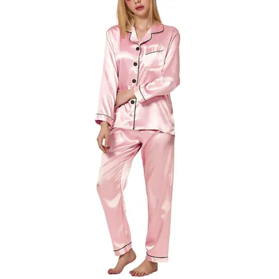 Produktbild von Satin Schlafanzug Damen, zweiteiliges Pyjama Damen Lange mit Knopfleiste, kuscheligem V-Ausschnitt, ideal für gemütliche Nächte zu Hause