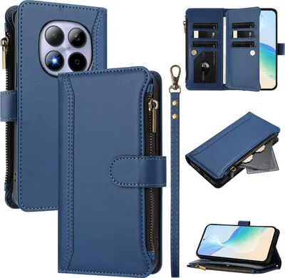 Immagine prodotto di Custodia per Xiaomi Redmi Note 15 Pro 4G, con cerniera, custodia a libro in Finto cuoio con tasche per carte, supporto e cinturino da polso blu