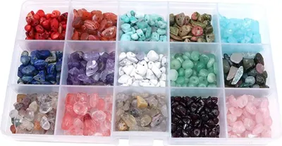 Produktbild von Natürliche Chips Perlen Sortiment Box - Set von 15 Sorten - 48mm - Edelsteinperlen für Schmuckherstellung