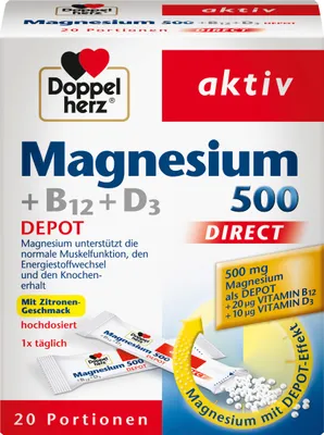 Produktbild von Doppelherz | Aktiv Magnesium 500 + B12 + D3 Direct Depot | 20 Portionen