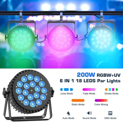 Produktbild von Bühnenbeleuchtung - DMX-PAR-Scheinwerfer - 1 Stück - 200 W - 18 x 10 W RGBW+UV-LEDs - Stroboskop - 90–240 V - EU-Stecker
