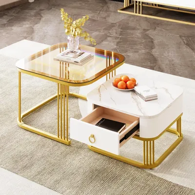 Produktbild von MODFU Couchtisch Wohnzimmertisch Quadratischer 2er Set für Wohnzimmer, Schlafzimmer Balkon mit goldem Metallrahmen , Beistelltisch Satztisch mit braun Glasplatte und Weiß Marmormuster, Weiß und Gold und Teebraun