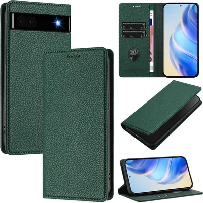 Obrázek produktu pro Kožené pouzdro pro Google Pixel 6A, Litschi kůže, peněženkové pouzdro s přihrádkami na karty a stojánkem Zelený