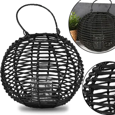 Produktbild von Schwarze geflochtene Gartenlaterne mit Glaseinsatz 35x27cm