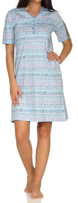 Produktbild von Normann Damen Nachthemd kurzarm – Ethnolook mit Henley-Knopfleiste – auch in Übergröße ; hellblau , 52