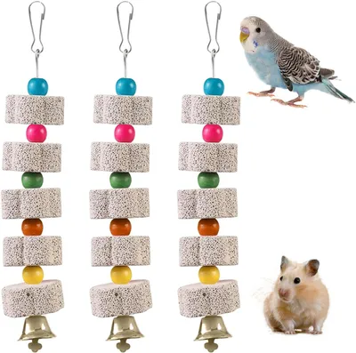 Imagen del producto de Juguete mineral para pájaros con cascabel, juego de 3 unidades, 24 cm, ideal para loros y periquitos