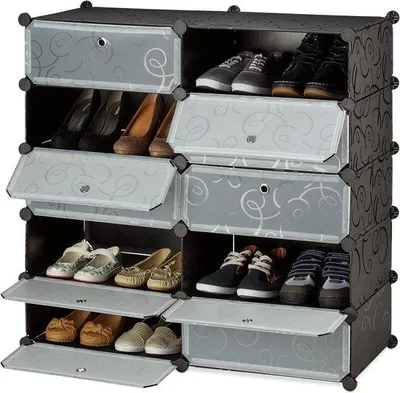 Immagine prodotto di Scarpiera a 10 scomparti con ante - 90 x 94 x 37 cm - Scarpiera grande nera da garage