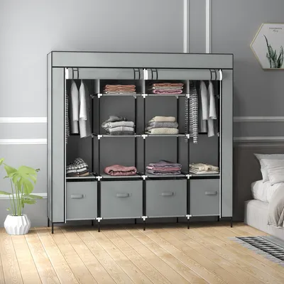 Produktbild von Stoffschrank mit 2 Kleiderstangen & 4 Schubladen 166x170x43 cm Dunkelgrau Tragbarer Kleiderschrank Faltbarer Garderobenschrank Vlies-Optik