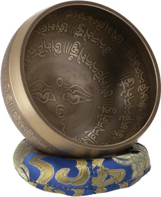 Produktbild von Handgearbeitete Gravierte Klangschale mit Klöppel & Kissen - Ø 11 cm Modell 19, Gold, Bronze, Klangschalen