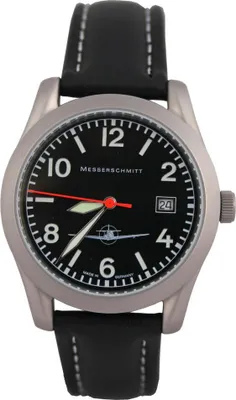 Produktbild von Messerschmitt - Fliegeruhr ME 108 - Quarz Herrenuhr mit schwarzem Lederarmband, Ziffernblatt Schwarz - 108-40