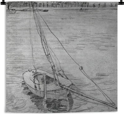 Produktbild von MuchoWow® Wandteppich Wandbehang Segelboot auf der Seine bei Asnières - Vincent van Gogh - Schwarz und weiß 120x120 cm Tapisserie Dekoration Wandtuch - Modern - Baumwollgewebe