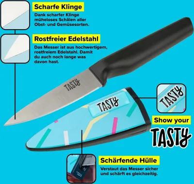 Produktbild von Tasty Schälmesser aus Edelstahl, handliches Gemüsemesser mit schärfender Klingenschutzhülle