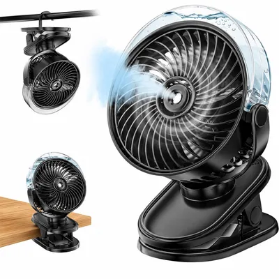 Produktbild von Klemmventilator mit Sprühfunktion 3000mAh, 4 Geschwindigkeiten, 360° drehbar, ideal für Kinderwagen, Camping, Büro & Reise