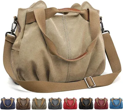 Produktbild von Handtasche Damen Canvas Schultertasche Multifunktionale Umhängetaschen Casual Hobo Groß Taschen für Arbeit Schule Beach Shopper Khaki