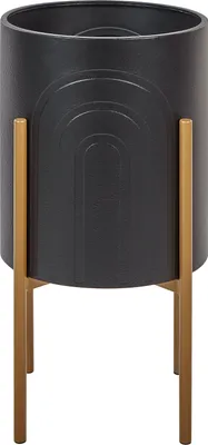 Produktbild von BELIANI Blumentopfständer Schwarz u. Gold Metall 58 cm Hoch Rund ⌀ 32 cm auf Beinen mit Topf Geometrisches Muster Modern Blumenständer für Innenbereich