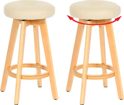 Two bar stools are shown side-by-side against a white background. The stool on the right has a red curved arrow indicating rotation.