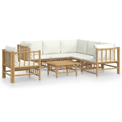 Produktbild von 7-tlg. Garten-Lounge-Set mit Cremeweißen Kissen Bambus