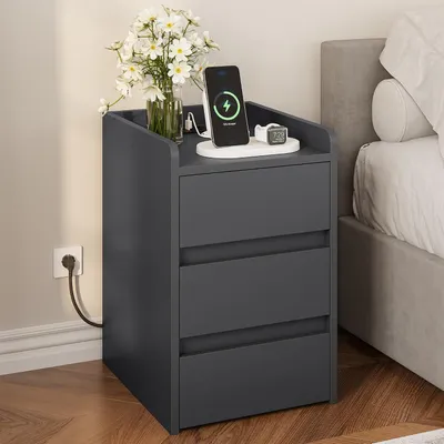 Obrázek produktu pro Noční stolek se 3 zásuvkami a nabíječkou – Noční stolek s nabíjecí stanicí – 2 USB porty a zásuvky