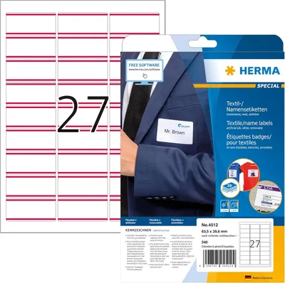 Productafbeelding van HERMA Textil/Namensetiketten A4 63,5x29,6mm weiß/rot  540St.
