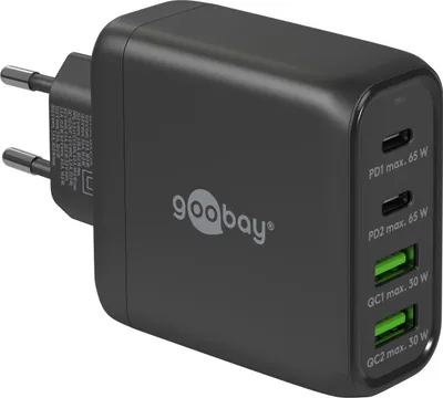 Image de Goobay 64817 Chargeur rapide multiport USB-C™ PD GaN (68 W) noir, noir - 2x ports USB-C™ (Power Delivery) et 2x ports USB-A (Quick Charge)