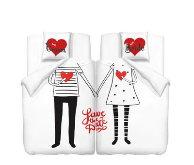 Produktbild von 3D Paar Bettwäsche 135x200 4teilig Junge und Mädchen Bettbezug-Set + Kissenbezug 80x80 cm Partner Wendebettwäsche Liebe Schwarz Weiß Rot mit Reißveschluss