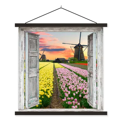 Produktbild von MuchoWow® Textilposter Aussicht - Tulpen - Mühle - Abend 60x60 cm mit schwarzem Rahmen - Posteraufhänger