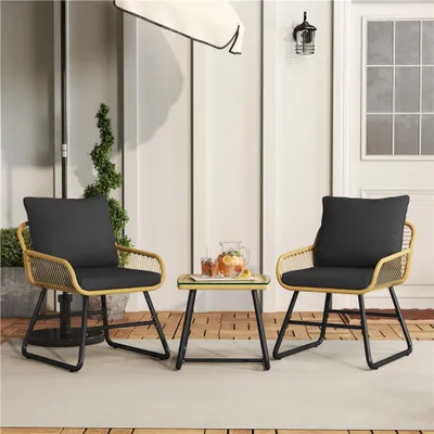 Produktbild von Yaheetech 3er Gartenmöbel Set aus Poly-Rattan mit 1 Bistrotisch 2 Stühlen & 4 Kissen, Hellbraun/Schwarz