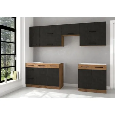 Produktbild von Komplette Küche mit 7 Elementen – Eiche Lancelot und Materagrau – 260 x 52 x 82 cm – Arbeitsplatte nicht im Lieferumfang enthalt