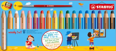 Image de Crayon de couleur, aquarelle & craie de cire - STABILO woody 3 en 1 - pack de 18 avec taille-crayon et pinceau - avec 18 couleurs différentes