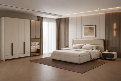 Productafbeelding van Slaapkamer set: bed, kledingkast. Modern, beige, opvallend design