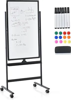 Zdjęcie produktu dla Mobilna tablica dwustronna, 60 x 90 cm, tablica magnetyczna na nóżkach, regulacja wysokości na 2 sposoby, suchościeralna (czarna, 60 x 100 cm)