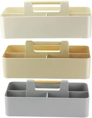 Imagen del producto de Juego de 3 organizadores apilables con asa – 5 compartimentos, plástico PP, dimensiones de 32 x 15,2 x 12,5 cm cada uno, color beige/gris/caqui