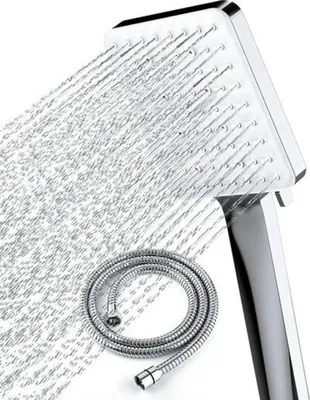 A close-up shot of a modern shower head with water spraying from it, and a coiled shower hose in the foreground.