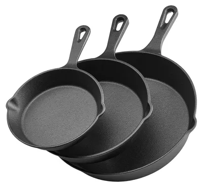 Productafbeelding van VEVOR Gietijzeren koekenpan set (160 / 220 / 265 mm), hoogwaardige koekenpannen met hittebestendige handgrepen, kookpan, keukenuitrusting, geschikt voor oven, gas en elektrische fornuizen, zwart