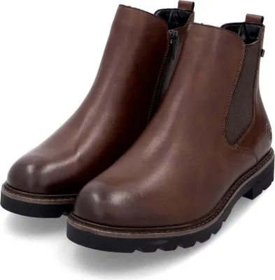 A pair of brown leather Chelsea boots are shown against a white background.