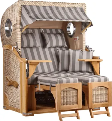 Produktbild von Strandkorb wetterfest Düne Teak Shell 2-Sitzer mit Bullaugen & PE-Geflecht Volllieger