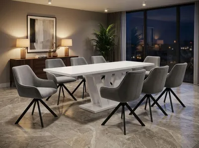 Produktbild von ENDO-Möbel Essgruppe "Lara White" - Esstisch ausziehbar 130-210cm in Weiss Hochglanz für 8 Personen mit Stühlen in Samt-hellgrau