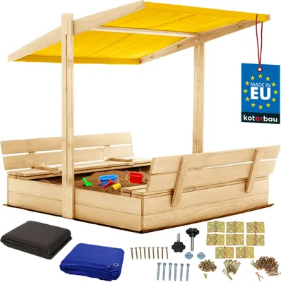 Produktbild von KOTARBAU® Sandkasten mit Abdeckung 120 x 120 cm Großer Naturfarbe Holzsandkasten mit Gelb Dach Sandkasten mit Deckel Sandkasten mit Dach Gartenspielzeug Kinder imprägniert verschließbar mit Bänken