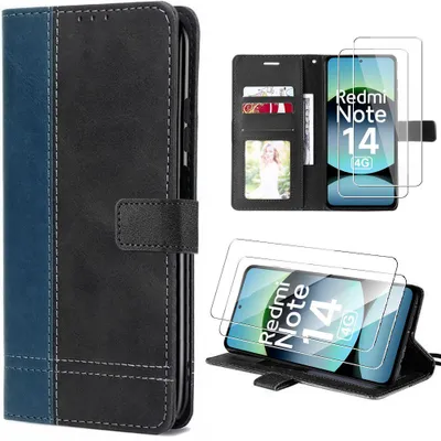 Image de Coque + 2 Verres Trempés pour Xiaomi Redmi Note 14 4G, Protection Anti-Rayures Effet Cuir Bleu Marine