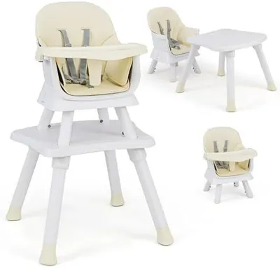 Produktbild von 6-in-1-Hochstuhl mit Tisch und Tablett, Kinderhochstuhl mit 5-Punkt-Sicherheitsgurt, abnehmbarem Kissen und Essstuhl für Babys von 7-36 Monate bis 25 KG (Beige)