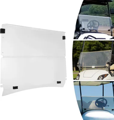 Immagine prodotto di Parabrezza pieghevole trasparente per golf cart, dimensioni 100,5 x 82 cm, realizzato in vetro e acrilico, compatibile con il modello TXT del 2014