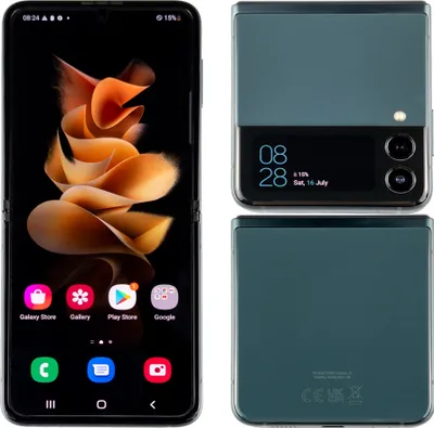 A collage showing the front, folded front, and folded back of a green Samsung Galaxy Z Flip3 5G smartphone.