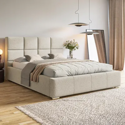 Produktbild von MOTIVENA Luna Polsterbett 180x200 mit Bettkasten, Holz Lattenrost, Bett 180x200 Beige Strukturstoff (Puente 03)