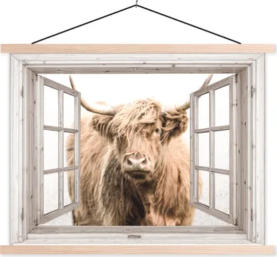 Produktbild von MuchoWow® Textilposter Schottisches Hochlandrind - Winter - Ansicht 120x90 cm mit holzfarbenen Rahmen - Magnetisch