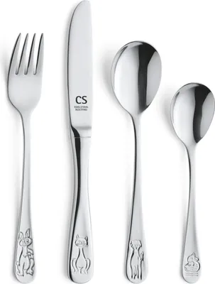 A set of four children's cutlery pieces, including a fork, knife, and two spoons, arranged side-by-side against a white background. Each piece features a small animal engraving at the base of its handle.