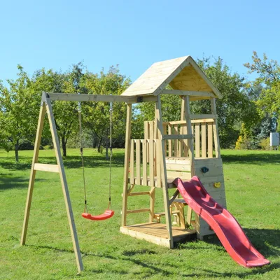 Image de Wendi Toys Maison de jeu pour enfants, tour à grimper "Gorilla" avec toboggan, mur d'escalade, coin salon et balançoire bois / rouge