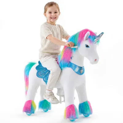 Produktbild von PonyCycle Modell Y Plüsch Reit-Einhorn Spielzeug für Kinder 4-7, Regenbogen Einhorn auf Rädern mit Geräuschen und Bremse – Y454