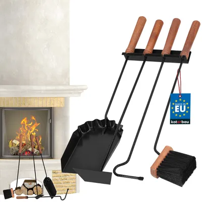 Produktbild von KOTARBAU® Kaminbesteck Schwarz Modern Ofenbesteck Kaminofen Zubehör Kamingarnitur Set Bürste Schaufel Aschekratzer Schürhaken Kamin Reinigungsset aus Stahl und Holz Kaminzubehör Kaminwerkzeug