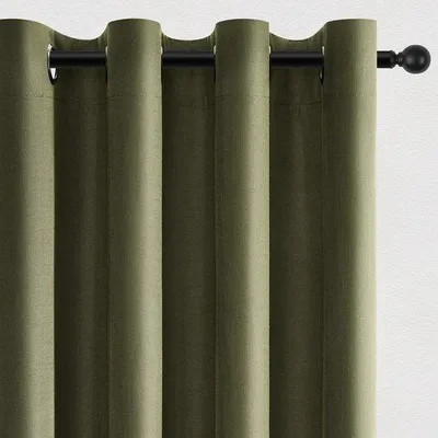 Image de Ensemble de 2 rideaux occultants Unyqoos®, couleur olive, en lin, 140 x 280 cm – 100% occultation, isolation phonique, isolation thermique
